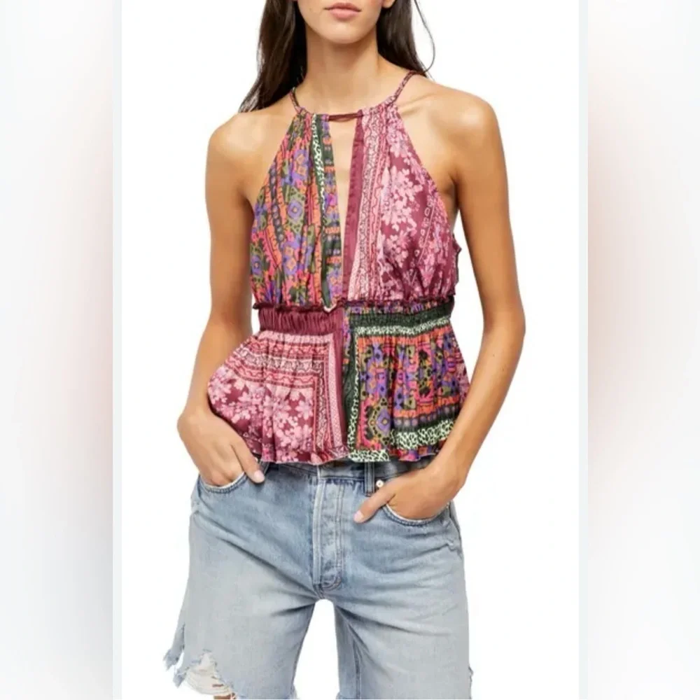 Free People Billini Patchwork Halter Top - Pink and Purple